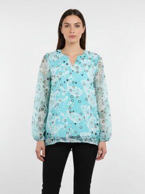 Custom Hand Stitched Blouse Womens Large Aqua Paisley Chiffon Split V-notch Neck